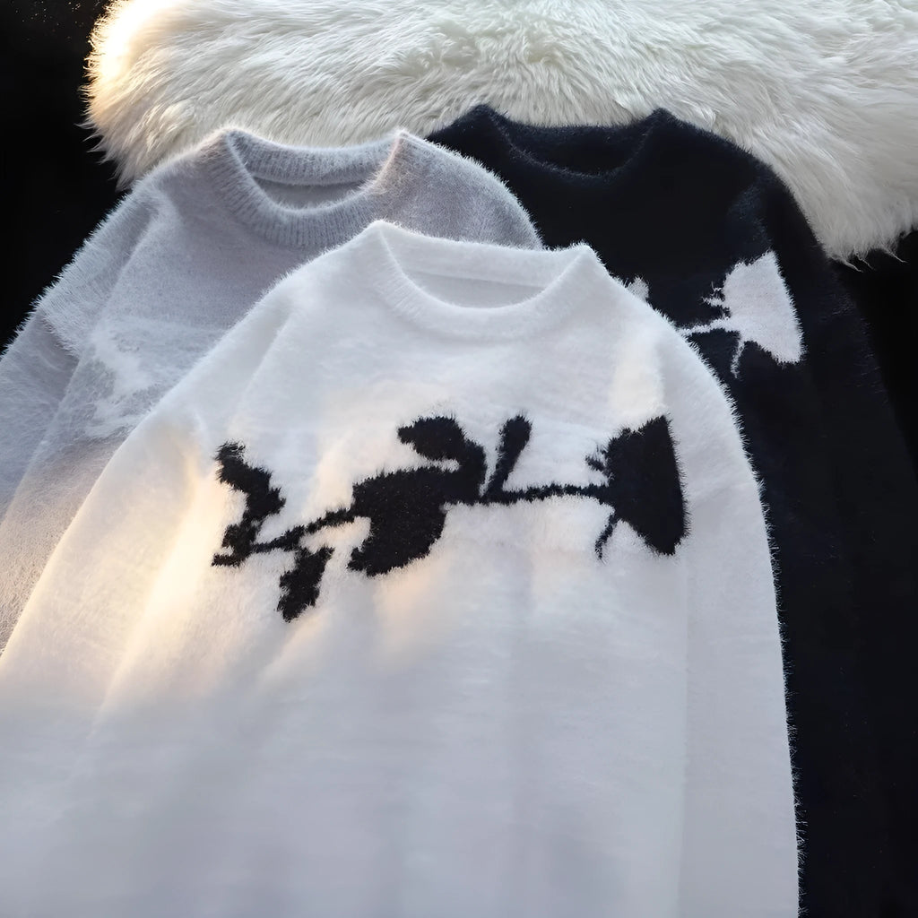 Men's black sweater with textured flocking horse design on front, long sleeve pullover style