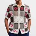 White retro crocheted bandage dress sweater with short sleeves and ethnic patterning