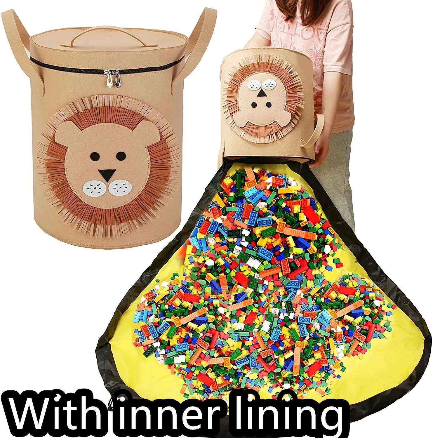 Green felt cube storage bag with pull rope, shown both as a flat play mat and gathered toy bag
