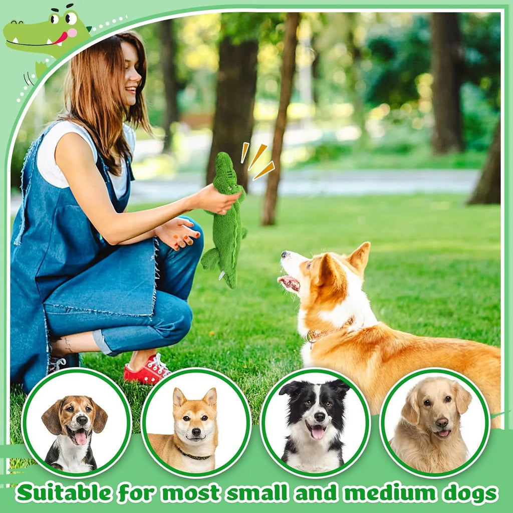 Green crocodile-shaped plush dog toy with a squeaker and crinkle tail for aggressive chewers.