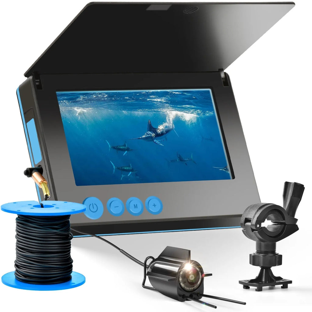 Underwater fish finder HD camera with 4.3-inch screen, showing a video feed of fish and aquatic plants.