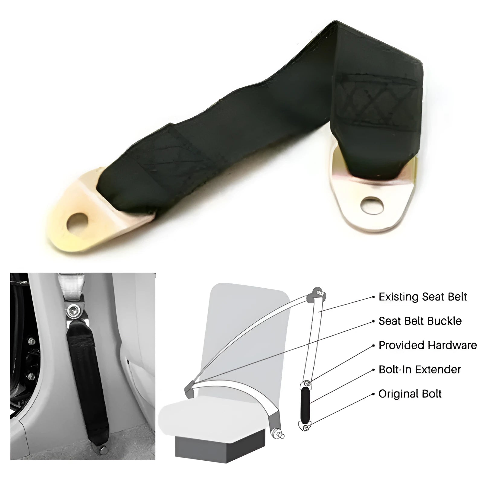 Polyester door latch and door stop fixing belt kit with screws and nuts on a white background.