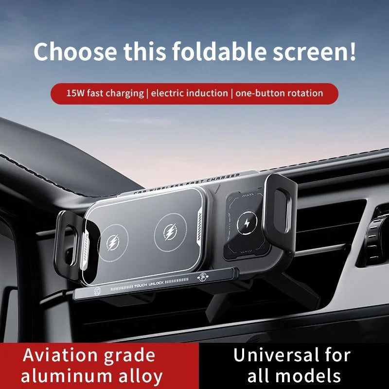 Folding screen car phone charger with wireless charging pad in Xingyao Black plastic finish