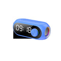 Extra bass portable mini clock Bluetooth speaker in black, blue, or white with USB charging cable.