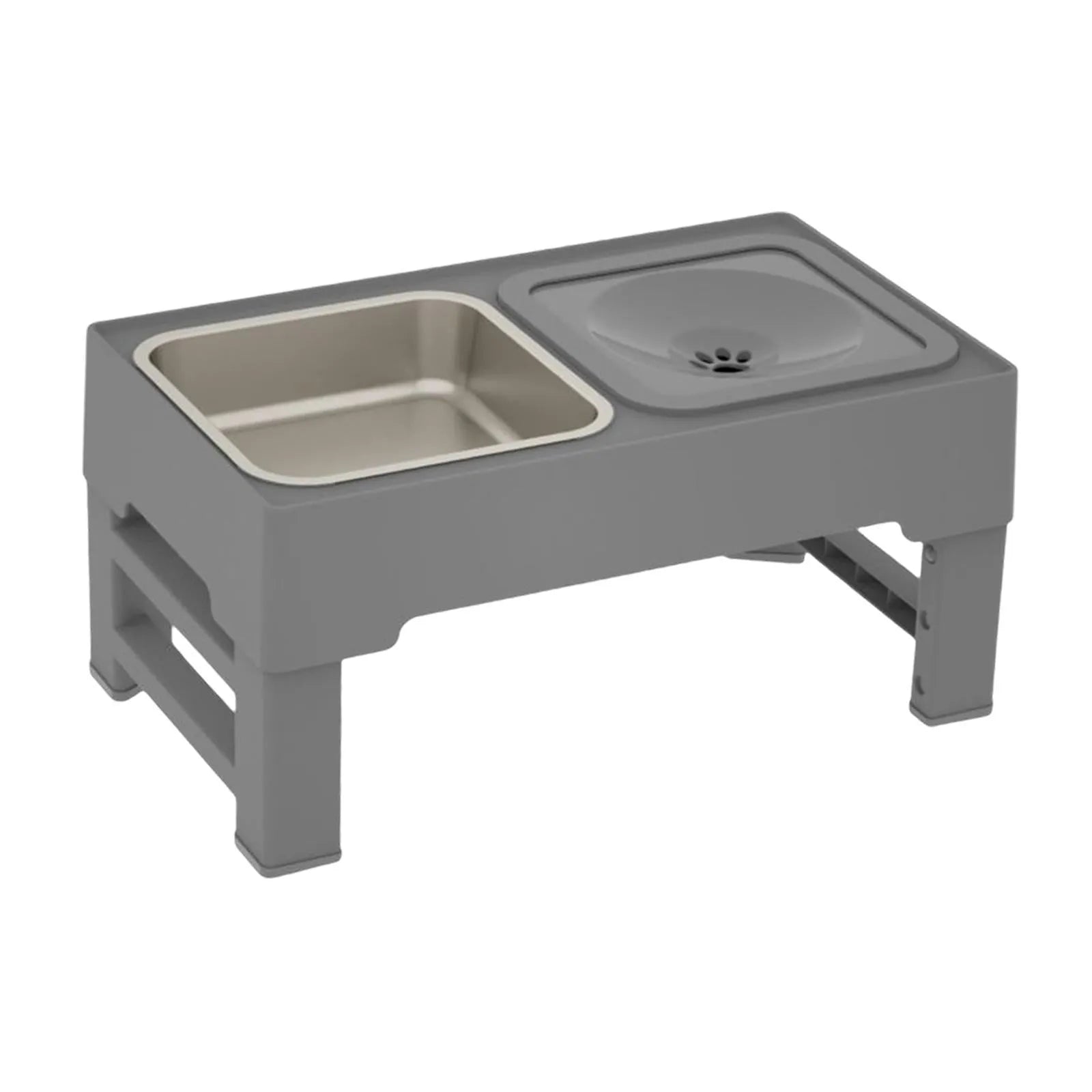 Adjustable height elevated dog feeder with slow feed and water bowls in black and grey.