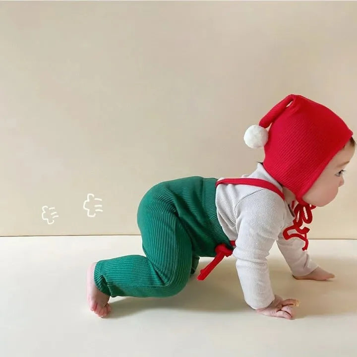 Baby combed cotton suspender jumpsuit in solid colour with hat, suitable for 66-90cm height