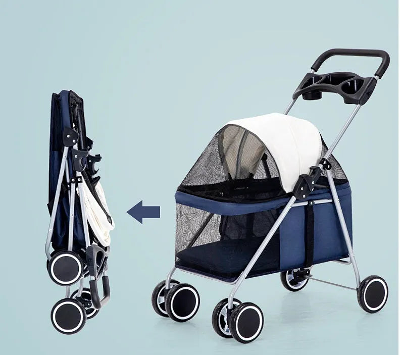 Folding pet stroller trolley with metal frame for cats dogs and rabbits in red black dark blue pink or brown