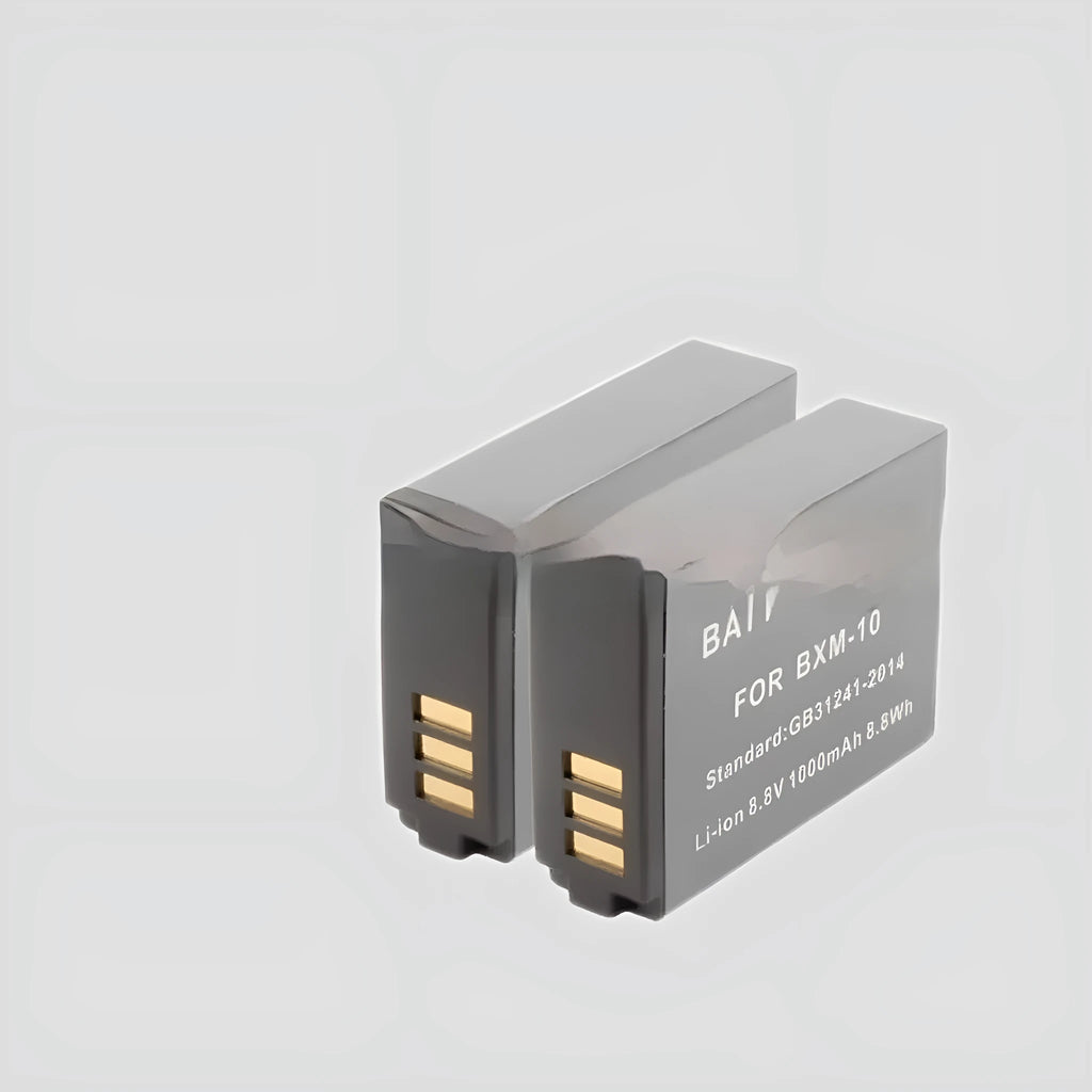 Black BXM-10 replacement camera battery, 1000mAh 8.8V lithium, 45.6x32.5x12.4mm, 35g
