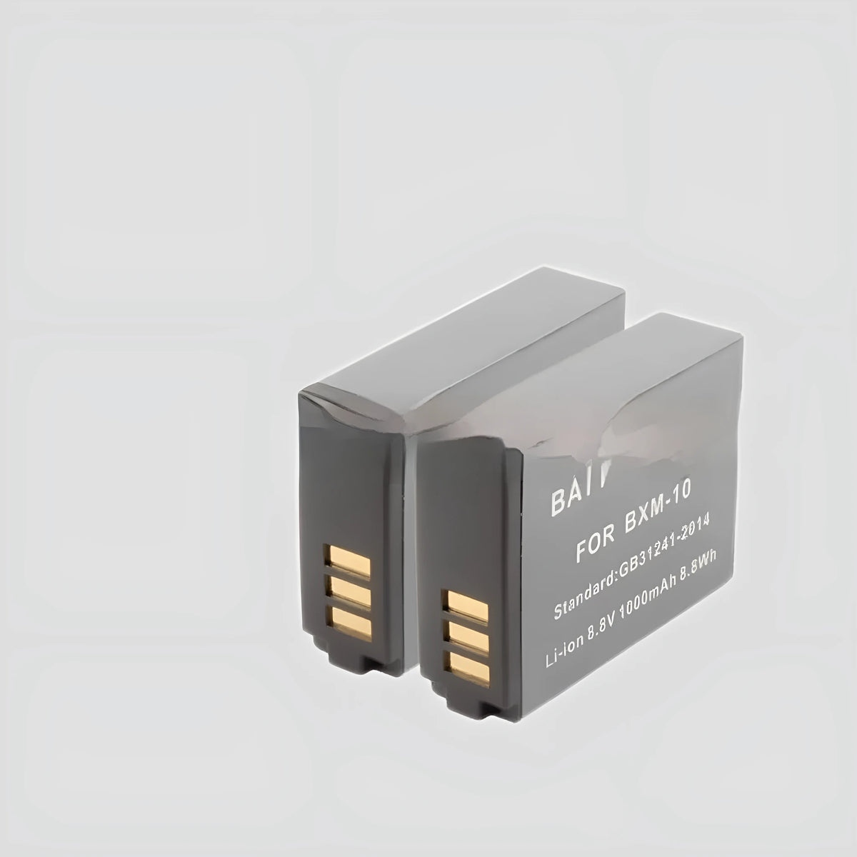 Black BXM-10 replacement camera battery, 1000mAh 8.8V lithium, 45.6x32.5x12.4mm, 35g