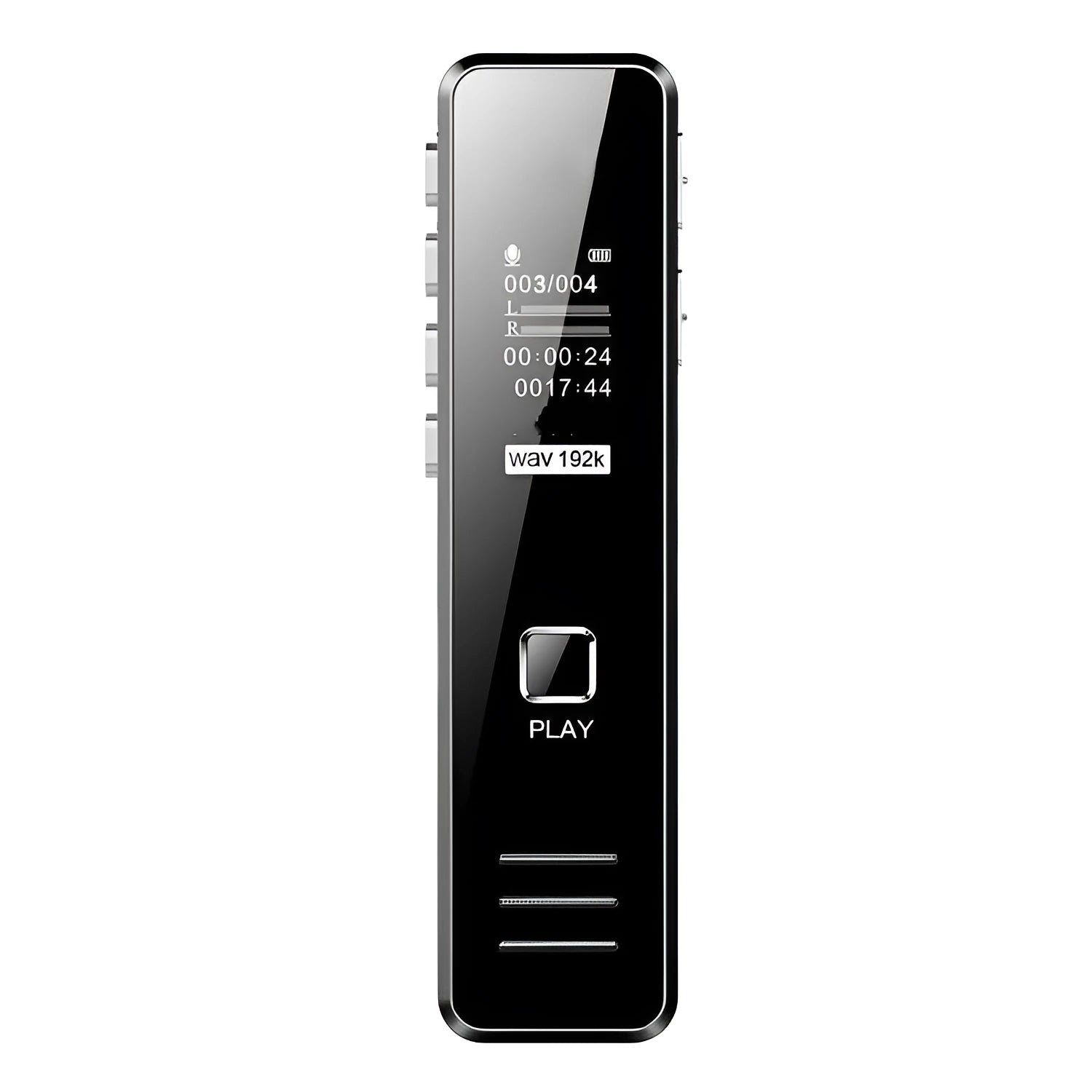 Compact black digital voice recorder with display showing recording time
