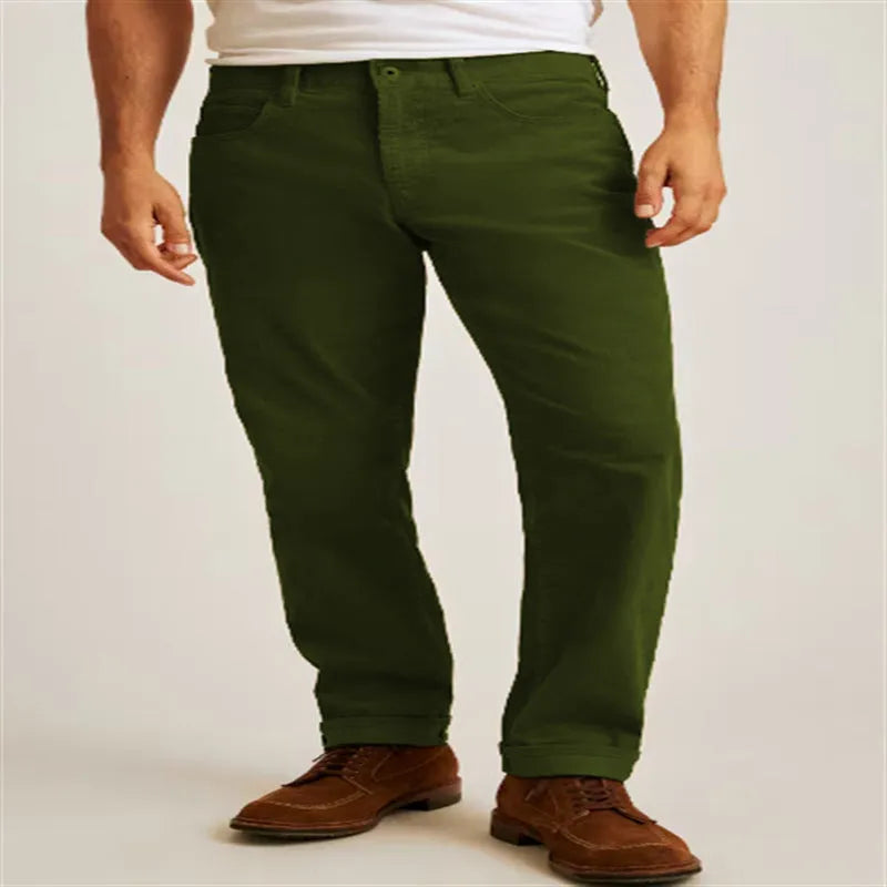 Army Green loose straight-leg corduroy trousers with a mid waist and zip fly