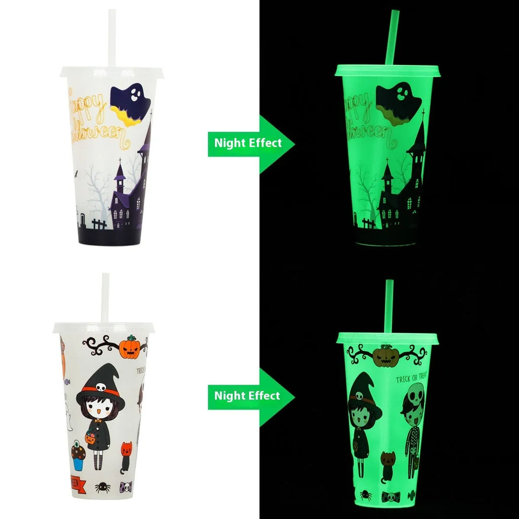 A tall, cylindrical 720ml Halloween-themed luminous plastic straw cup with a black straw, shown in one of six colour options.
