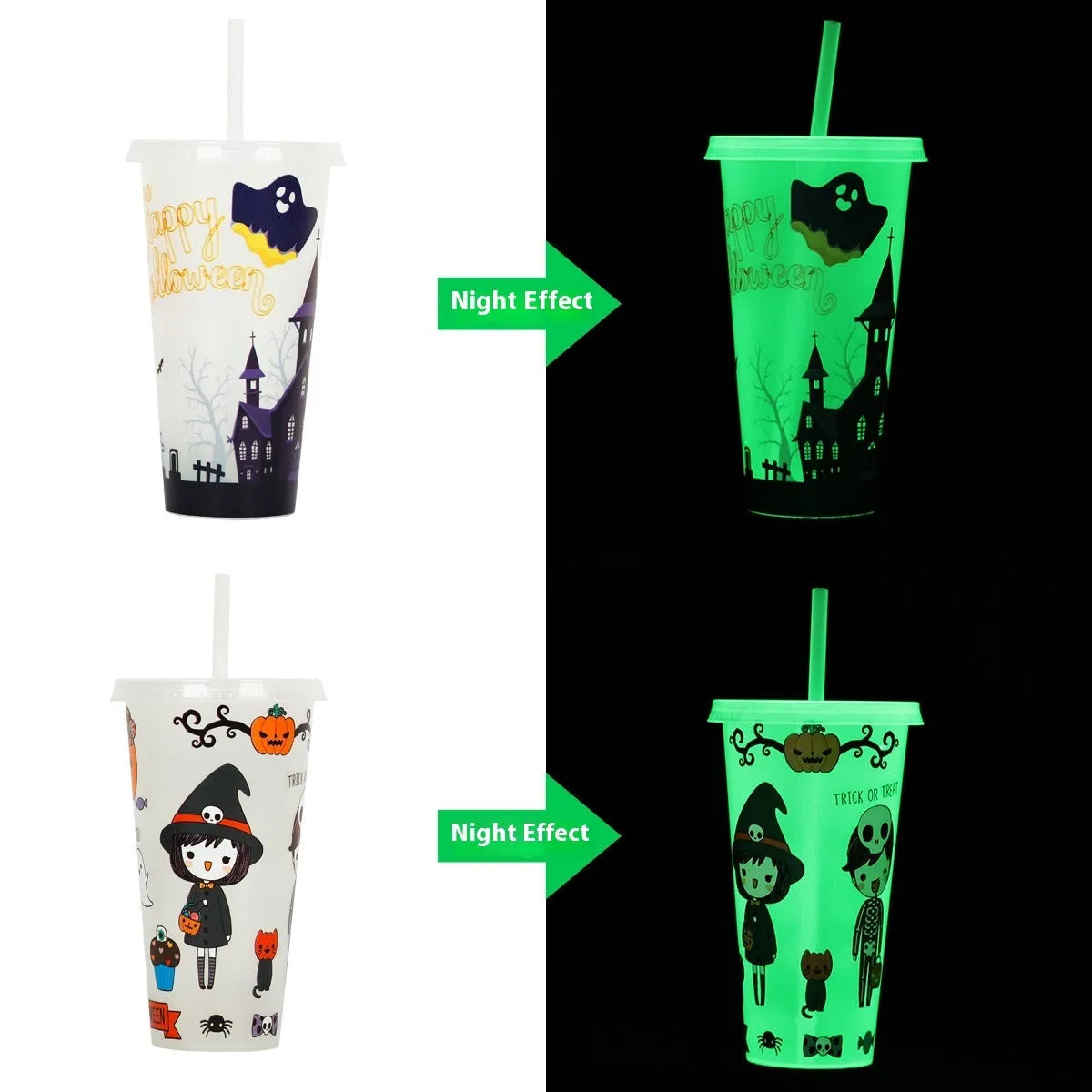 A tall, cylindrical 720ml Halloween-themed luminous plastic straw cup with a black straw, shown in one of six colour options.
