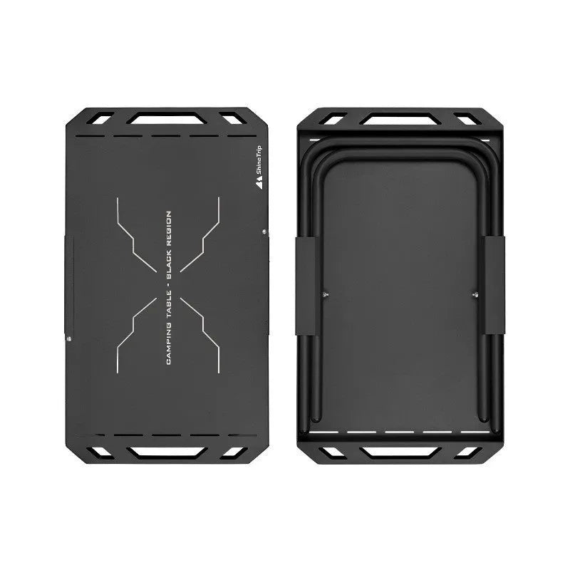 Black folding outdoor camping table made of stainless steel and aluminium, 600 x 350 x 375mm size