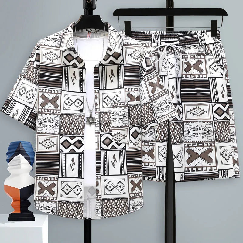 Men's casual sports shorts set in blue, showing short sleeve top and matching polyester shorts.