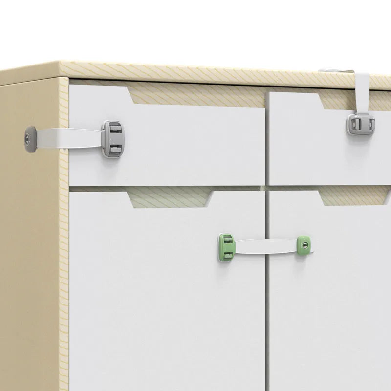 Adjustable grey child safety lock with strap for cabinets and drawers using 3M adhesive tape