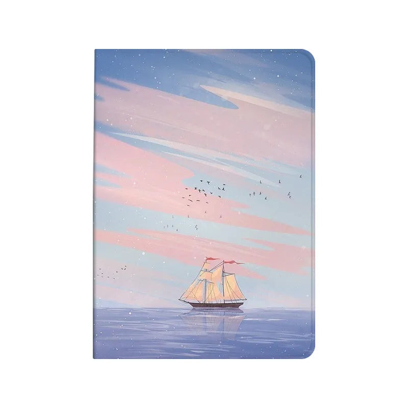 Silicone book-style iPad cover with dreamy painting style sailing motif, fits many iPad models