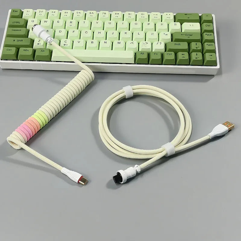 Handmade spiral stretch USB keyboard data cable 150cm with metal spring interface in pink blue colour