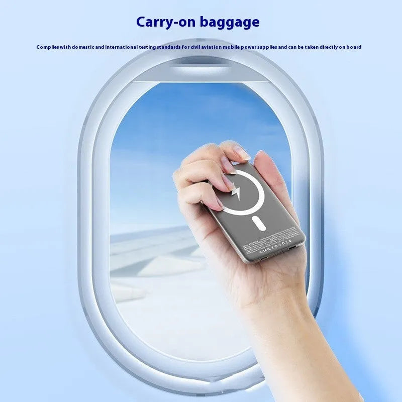 Gun grey magnetic wireless power bank with alloy construction showing ultra-thin 9mm profile