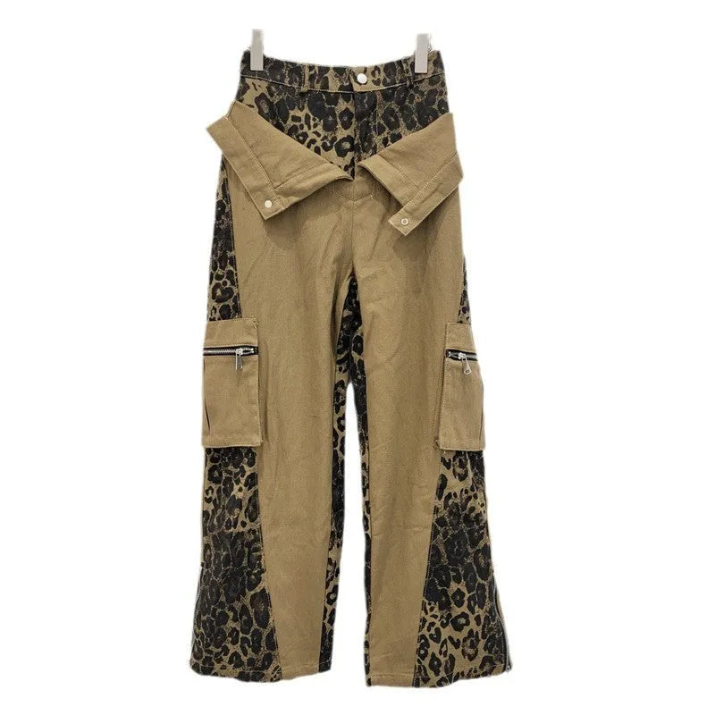 Women's dark khaki jeans with leopard print detail and high-waist straight leg design