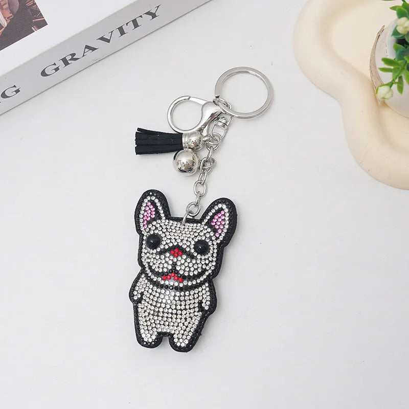 French dog cartoon rhinestone keychain with diamond tassel in alloy, colours white gray caramel lake blue
