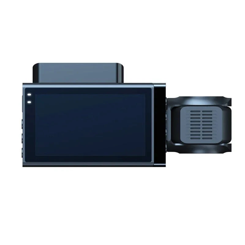 Black dashboard camera with 5-inch screen for front and rear 2K recording, GPS, and Wi-Fi connectivity.