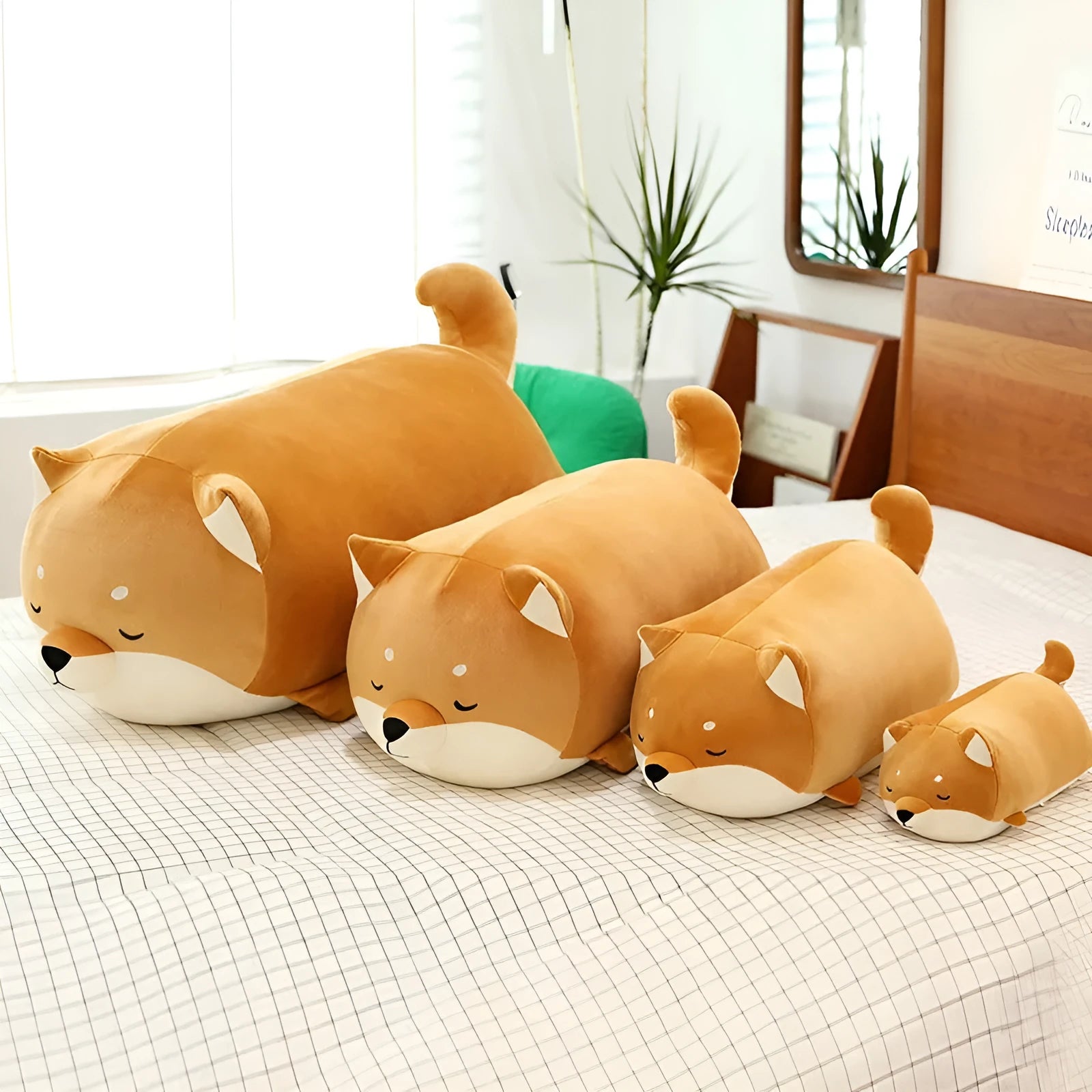 Chocolate coloured Shiba Inu plush doll toy with super soft short plush fabric, available in multiple sizes