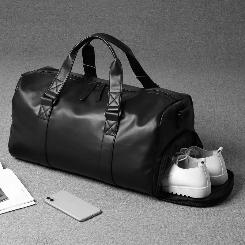 Chaomen black PU leather fitness bag 50cm wide with soft handle and shoulder strap