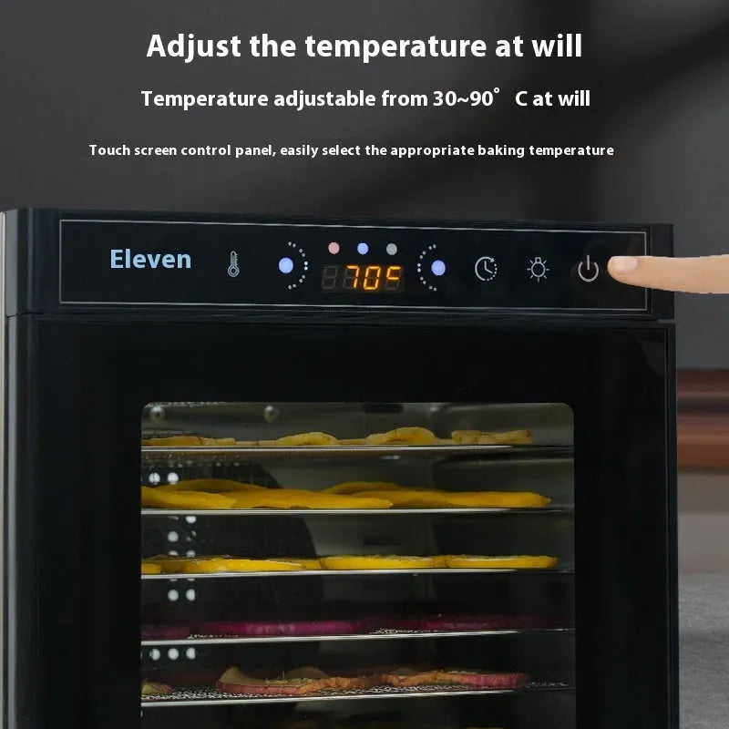 Stainless steel food dehydrator with clear skylight lid and multiple mesh drying trays