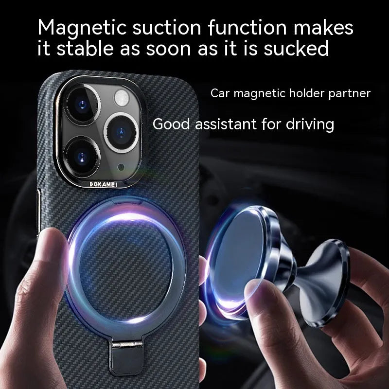 Carbon fibre phone case with magnetic bracket for Apple iPhone in graphite black