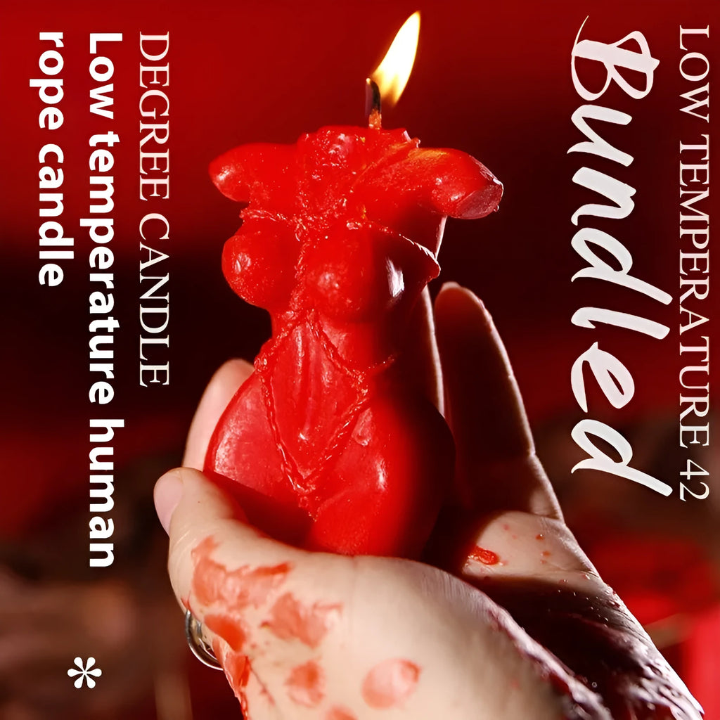 Soy wax low temperature novelty candle in a bikini shape, shown in rose red, spring pink, and lilac purple colours.