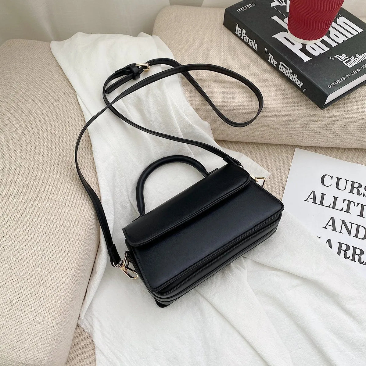 Retro textured solid colour PU shoulder bag in horizontal square shape with sewing thread detail