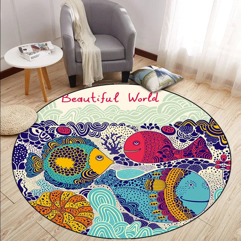 Cartoon crystal velvet round carpet with anime print in multiple colours, 60x60cm to 200x200cm sizes