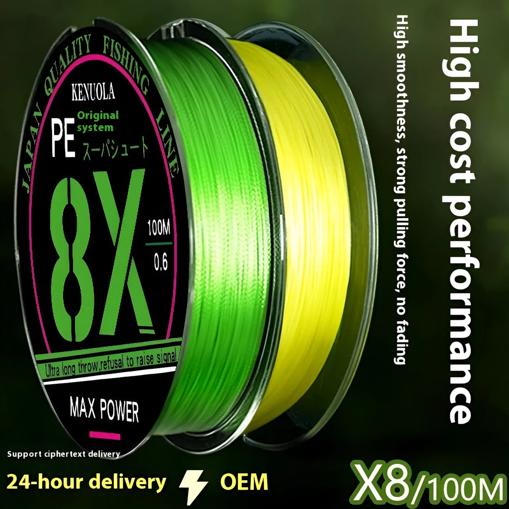 Luya Yuantou 8-weave PE braided fishing line 100m spool in green, yellow or multi-colour 10m sections
