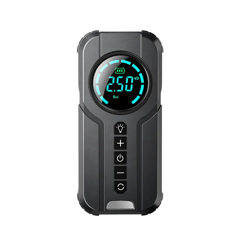 Black wireless car tyre inflator with digital display, battery, and accessories including nozzles and carry bag.