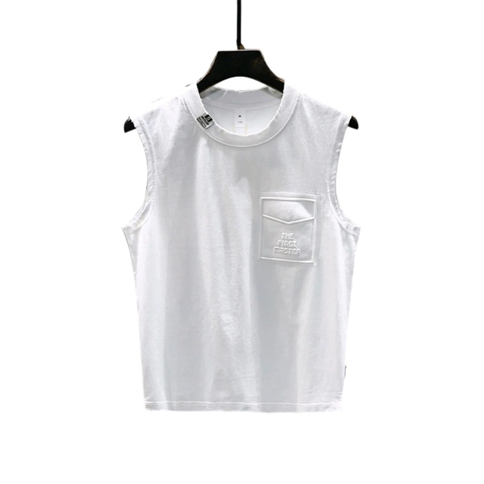 Women's loose fit cotton sleeveless vest in white on a hanger, showing straight hem and solid colour.