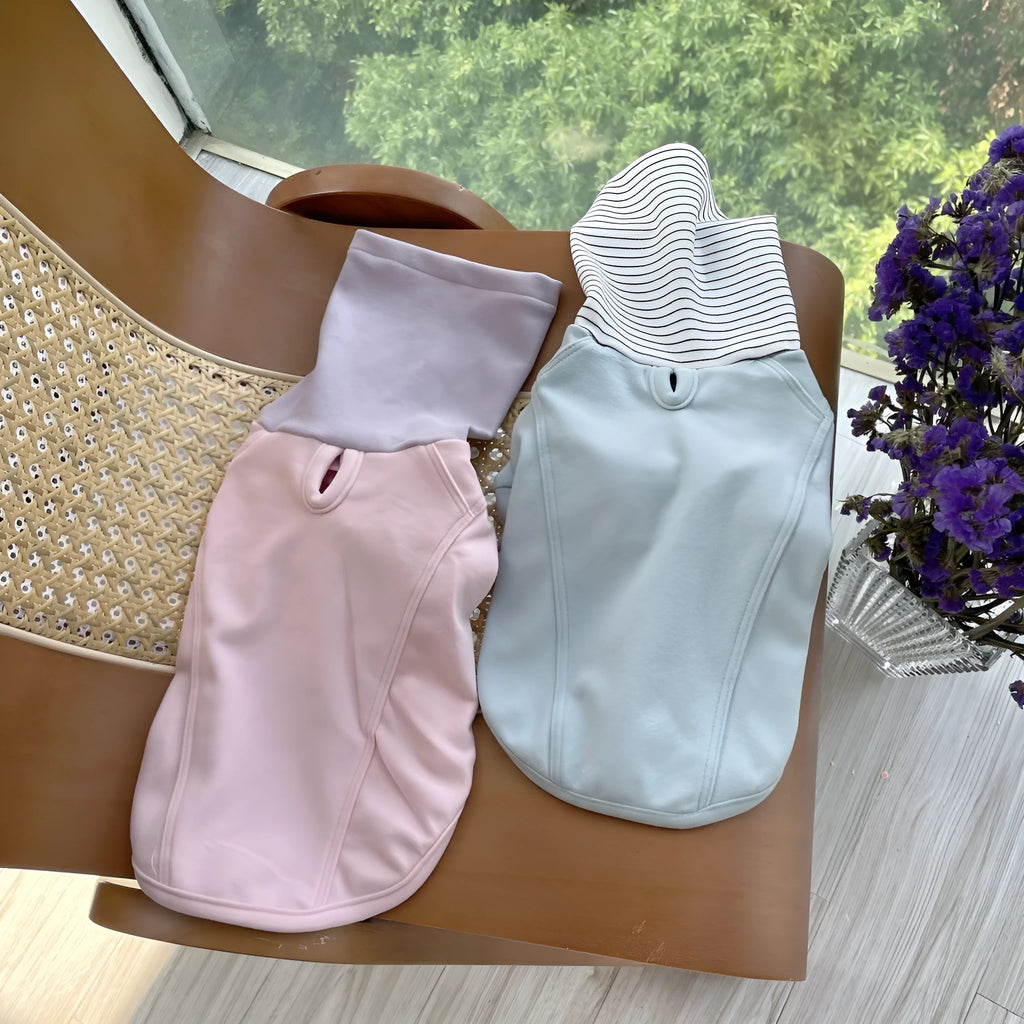 Colour block high collar dog shirt in pink, light blue, or brown, polyester pet clothes