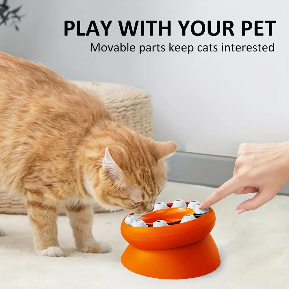 Orange or pink interactive cat slow feeder puzzle bowl with 15-degree tilt