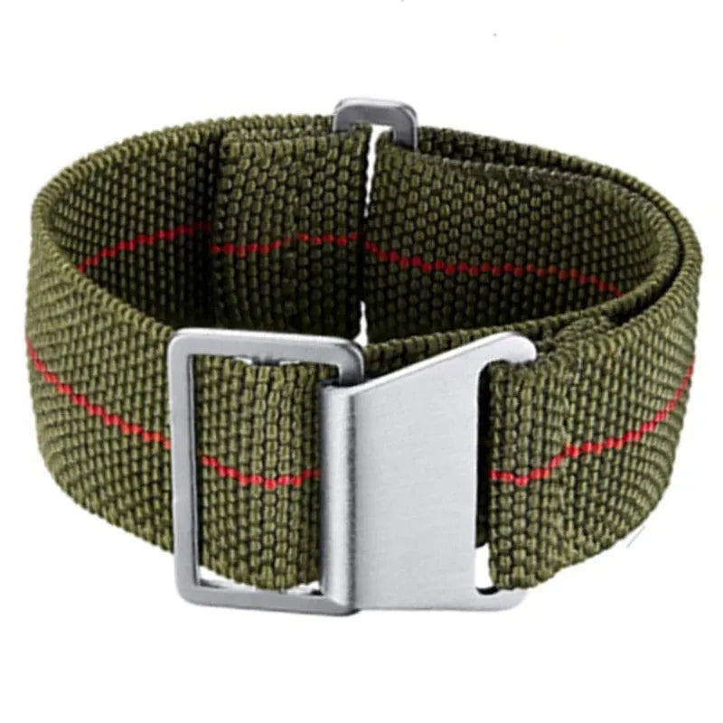 Elastic nylon watchband in green, blue, or black with silver buckle or black button, available in 18mm, 20mm, and 22mm widths.
