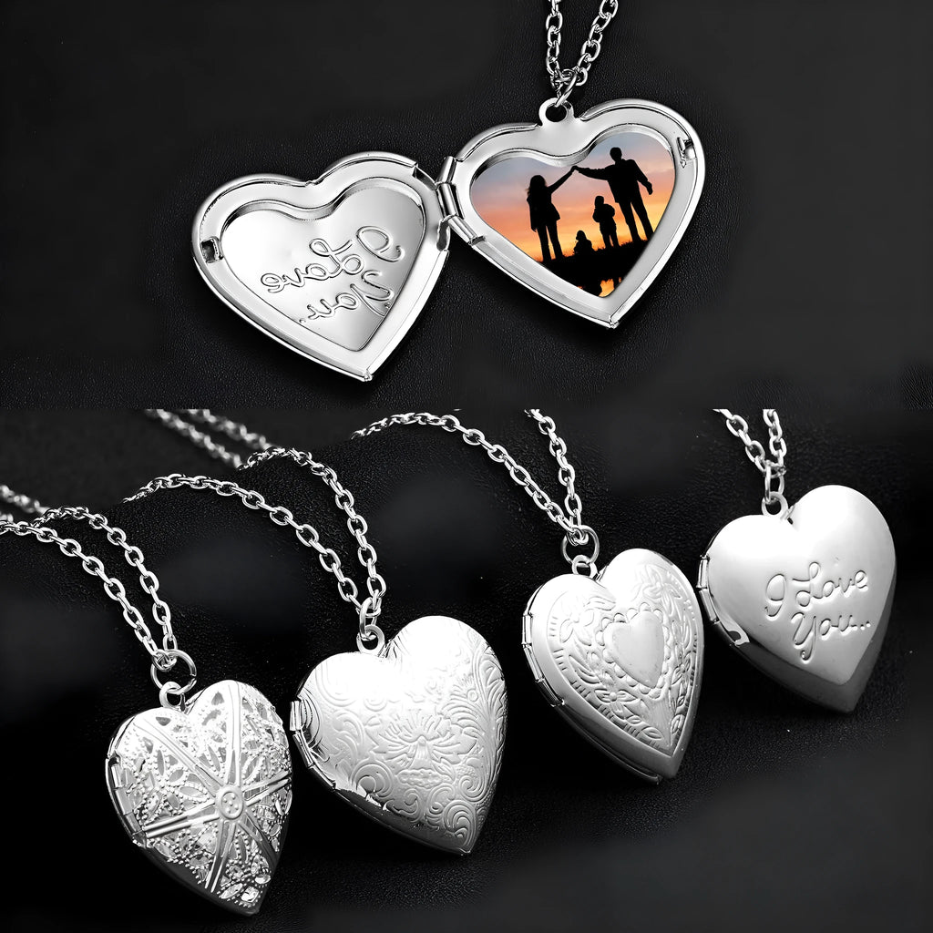 Carved heart photo frame pendant necklace in alloy showing a personal photo inside