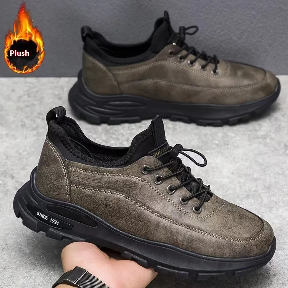 Men's black fleece-lined waterproof sneakers with synthetic leather upper and rubber sole