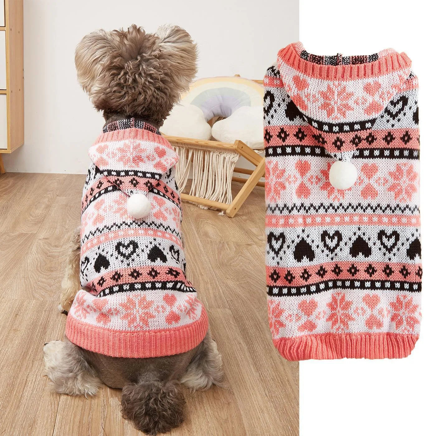 Small pink dog sweater with striped camouflage and snowflake patterns on a mannequin.