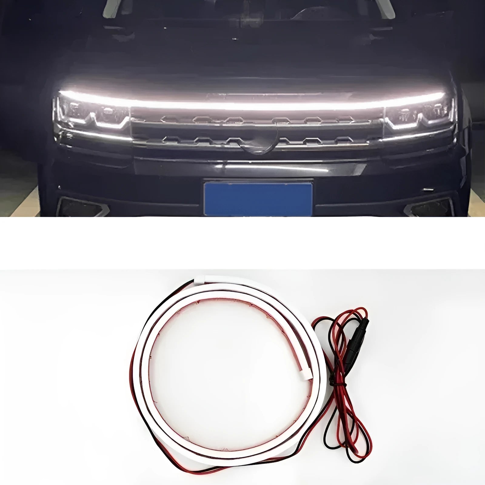 Car daytime running lights LED strip with start scan function in silicone housing showing white illumination