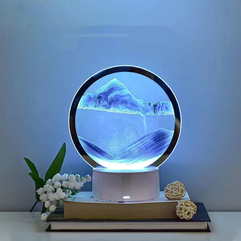 Creative 3D quicksand table lamp with touch switch and colour changing blue, orange, purple, red light.