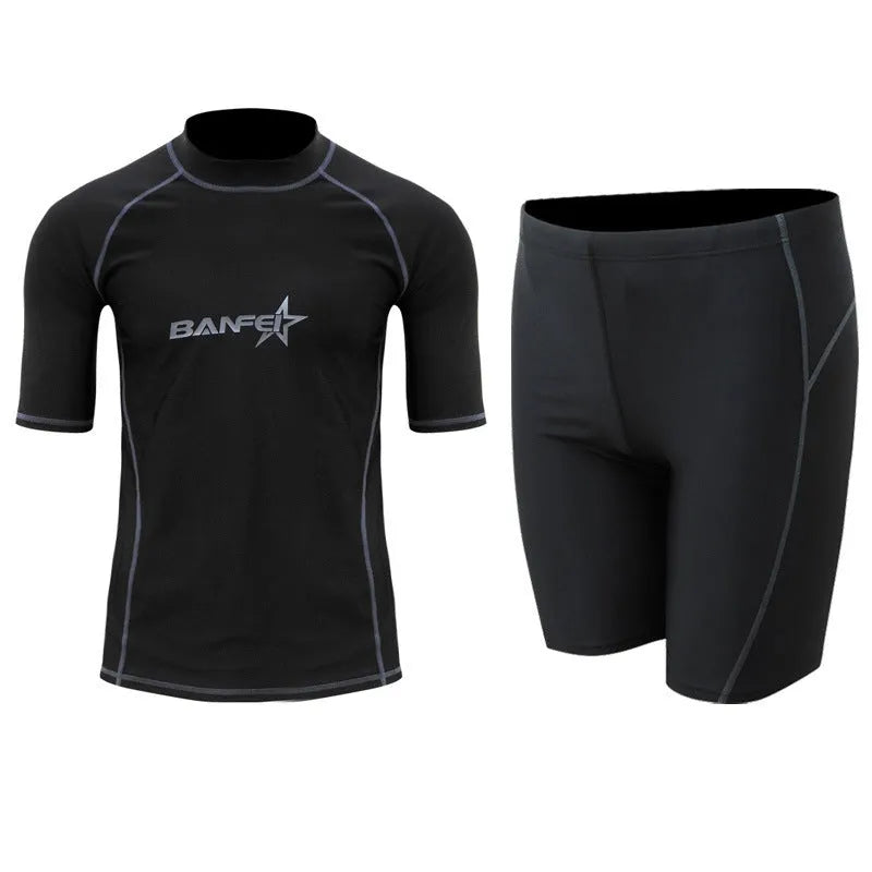 Men's quick-drying half sleeve nylon wetsuit top and pants for snorkelling and surfing