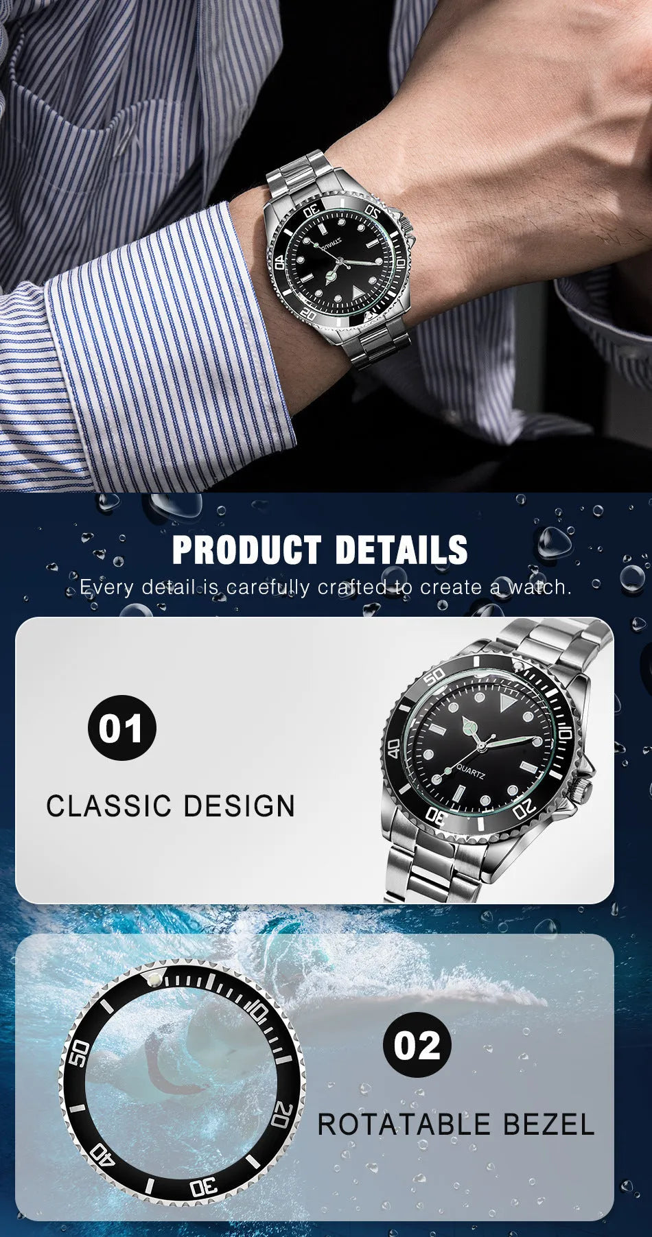Steel belt black plate universal quartz watch with 40mm dial, 8mm alloy case, night glow hands, and stainless steel horseshoe buckle.