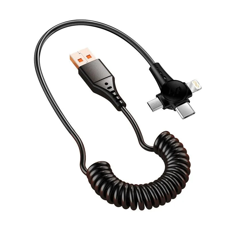 Black telescopic three-in-one charging cable with Lightning, Micro USB and Type-C interfaces