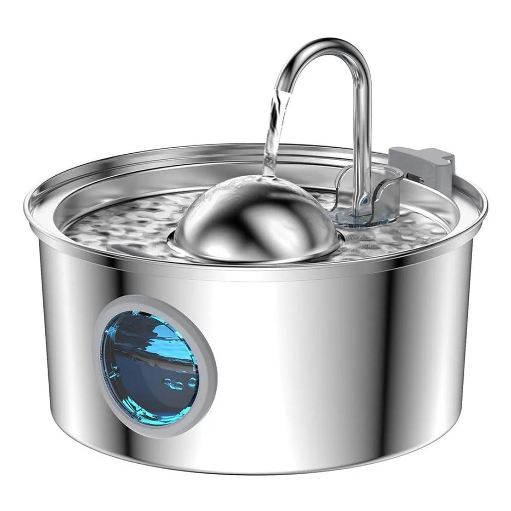 Stainless steel pet water dispenser with round runway design and bowl-window faucet