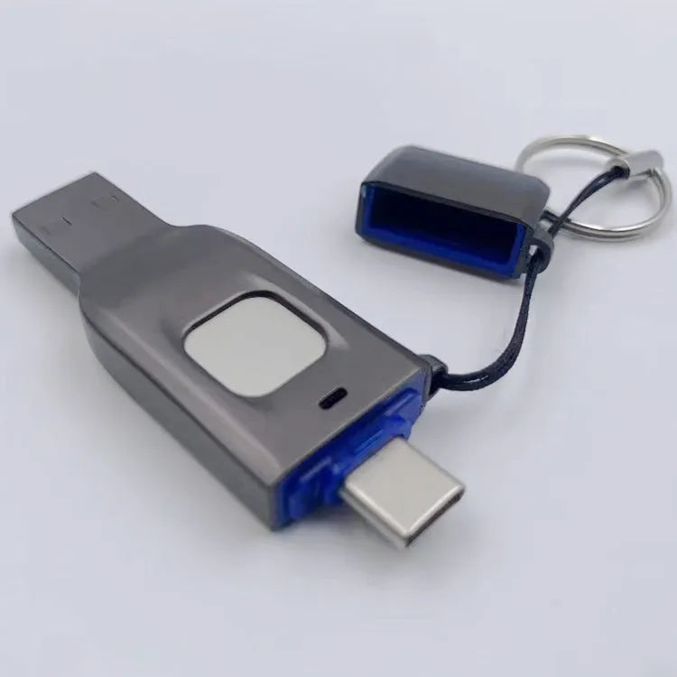 Black and silver fingerprint encrypted USB flash drive showing USB 3.0 and Type-C ports