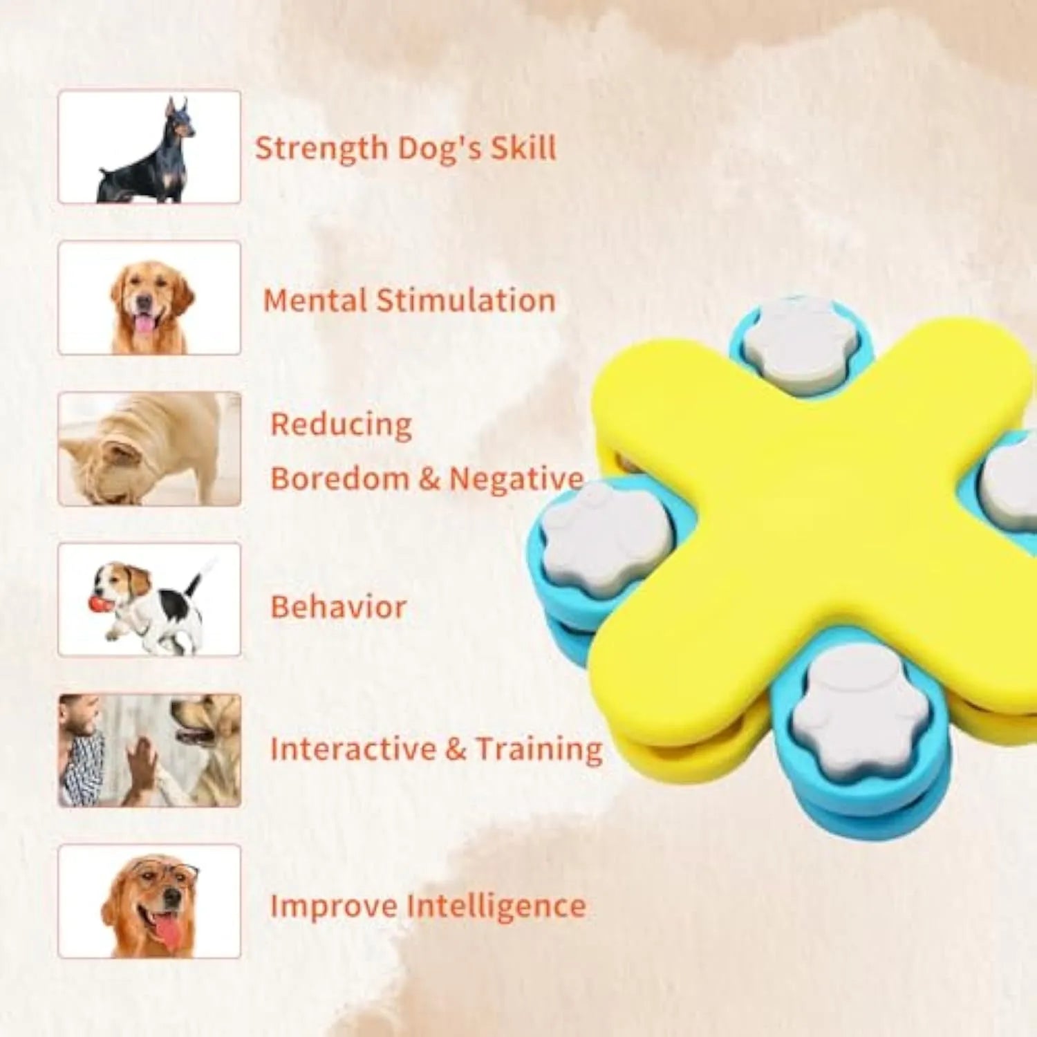 Yellow dog puzzle feeder toy with rotating lids and anti-slip rubber pads on base